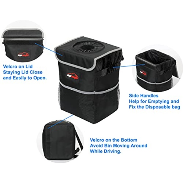 EPAuto Waterproof Car Trash Can with Lid and Storage Pockets, Black - Image 4