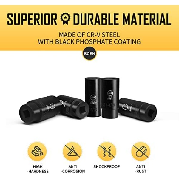 BOEN 1/2" Drive SAE Deep Impact Socket Set, 19 Piece Cr-V Steel Socket Set - Image 5