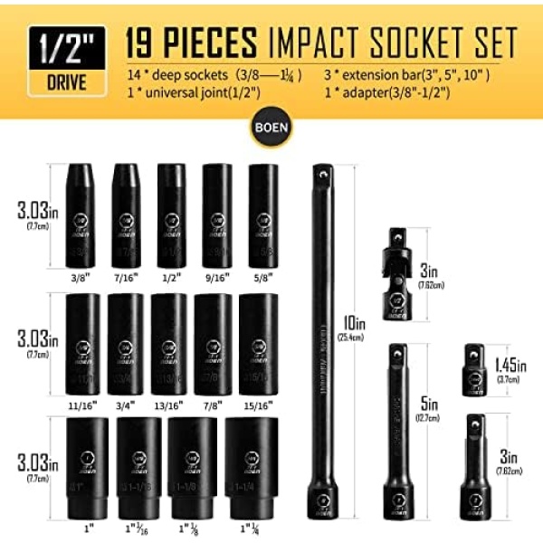 BOEN 1/2" Drive SAE Deep Impact Socket Set, 19 Piece Cr-V Steel Socket Set - Image 3