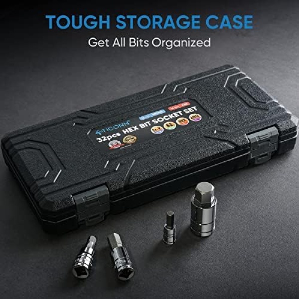 TICONN 32PCS HEX Bit Socket Set, SAE and Metric Hex Bit Set with Storage Case - Image 6