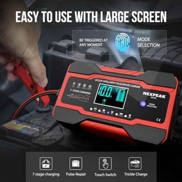 10-Amp Car Battery Charger, 12V and 24V Smart Fully Automatic Battery Charger - Image 3