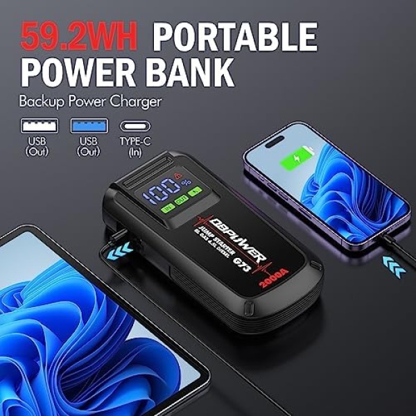 DBPOWER Jump Starter 2000A Peak Portable Car Jump Starter for Up to 8.0L Gas - Image 3