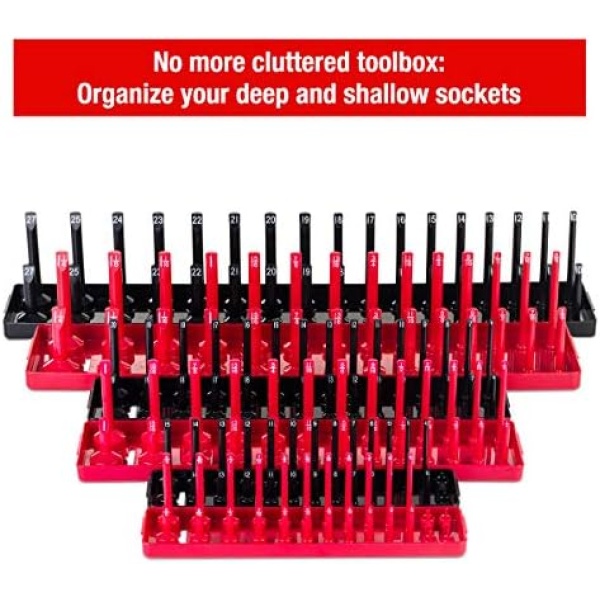 6PCS Socket Organizer Tray Set, Red SAE & Black Metric Socket Storage Trays - Image 4