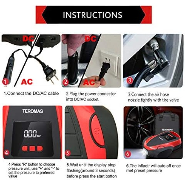 TEROMAS Tire Inflator Air Compressor, Portable DC/AC Air Pump - Image 4