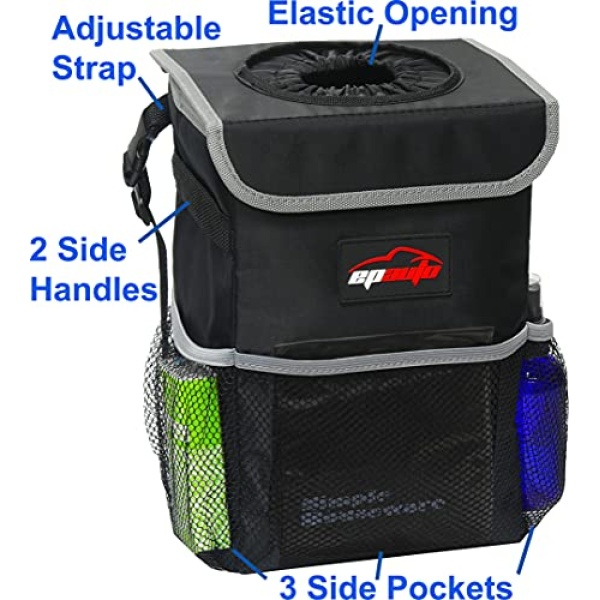 EPAuto Waterproof Car Trash Can with Lid and Storage Pockets, Black - Image 3