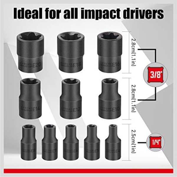 SEDY 11-Piece E-Torx Socket Set - Star Socket Set with Socket Rail - Image 4