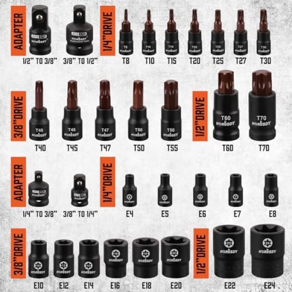 HORUSDY 31-Piece Torx Bit Socket and Female External Socket Set | 14 Star Bits - Image 2