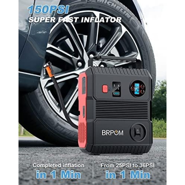 BRPOM Car Jump Starter with Air Compressor, 150PSI 4500A Peak 24000mah - Image 3