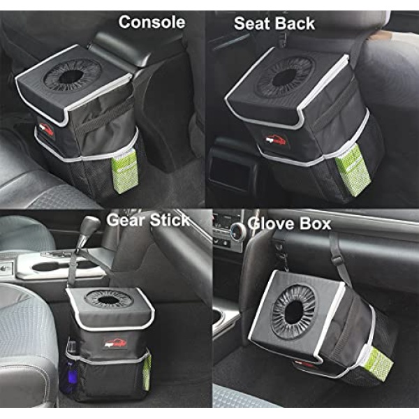 EPAuto Waterproof Car Trash Can with Lid and Storage Pockets, Black - Image 2