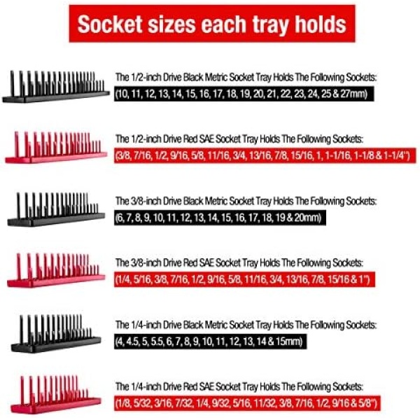 6PCS Socket Organizer Tray Set, Red SAE & Black Metric Socket Storage Trays - Image 3