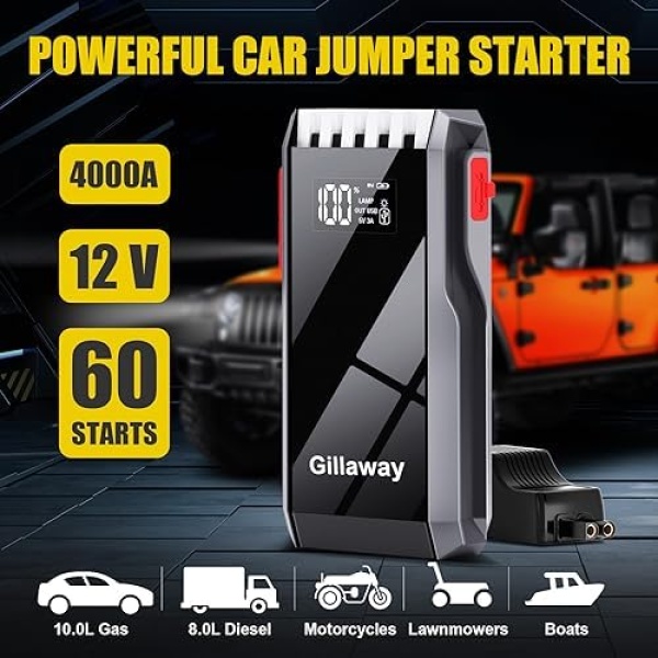 Gillaway 012 Jump Starter Battery Pack, 4000A Peak Car Battery Charger Jump - Image 2
